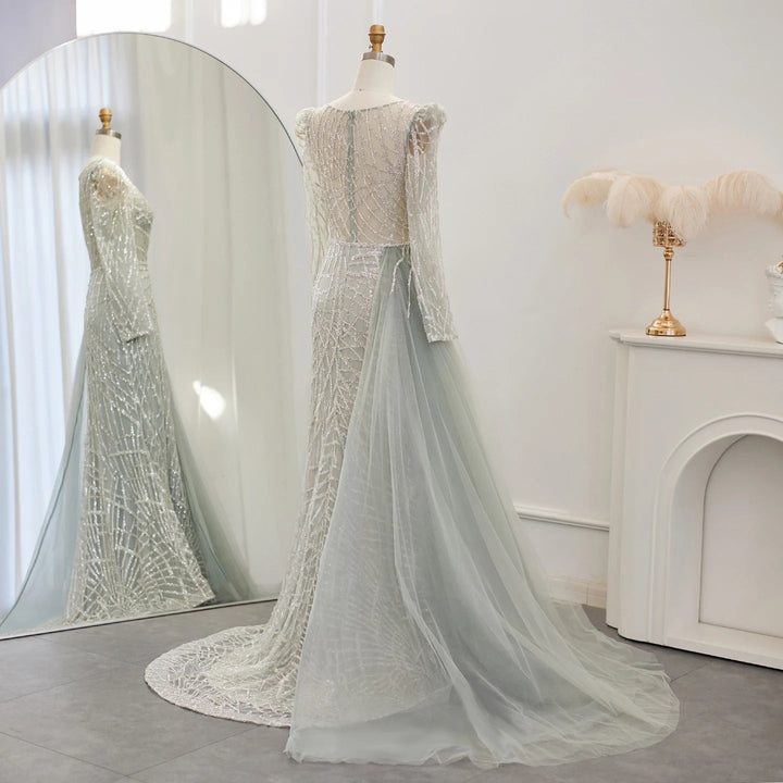 Luxury Muslim Gold Mermaid Beaded Dubai Evening Dresses with Overskirt SS048
