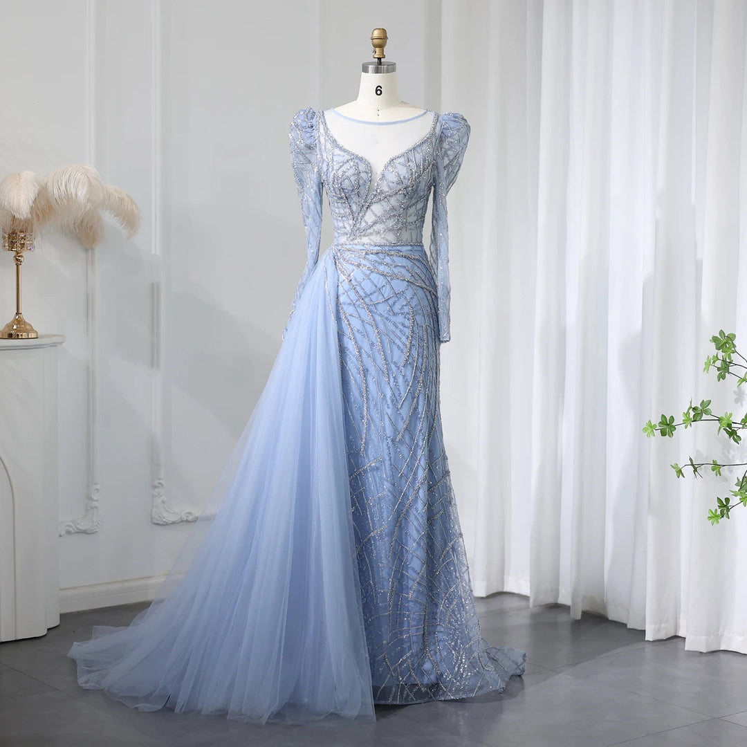 Luxury Muslim Gold Mermaid Beaded Dubai Evening Dresses with Overskirt SS048