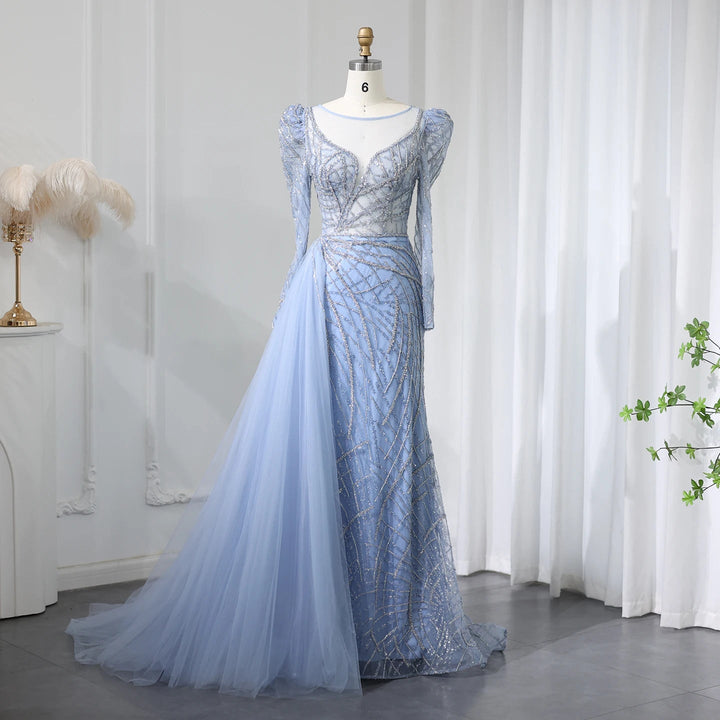 Luxury Muslim Gold Mermaid Beaded Dubai Evening Dresses with Overskirt SS048