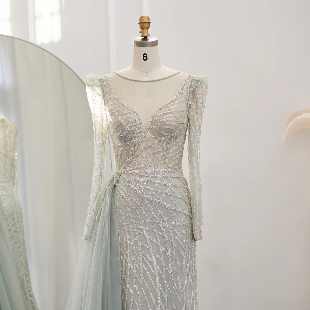 Luxury Muslim Gold Mermaid Beaded Dubai Evening Dresses with Overskirt SS048
