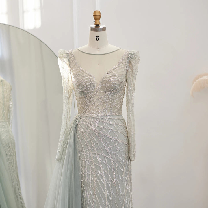 Luxury Muslim Gold Mermaid Beaded Dubai Evening Dresses with Overskirt SS048