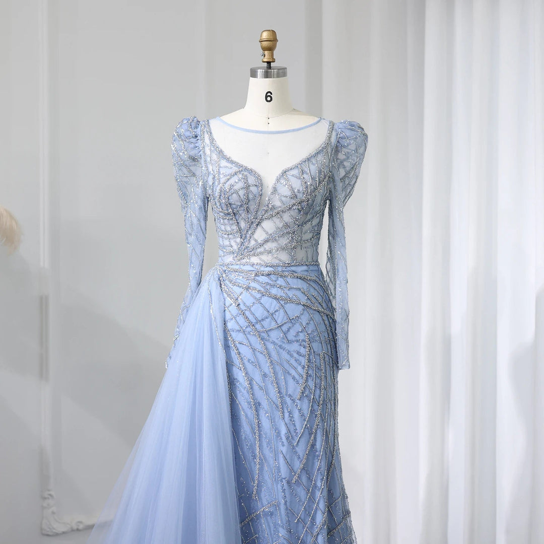 Luxury Muslim Gold Mermaid Beaded Dubai Evening Dresses with Overskirt SS048