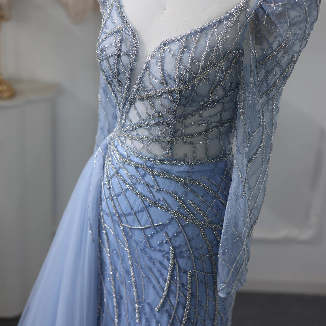 Luxury Muslim Gold Mermaid Beaded Dubai Evening Dresses with Overskirt SS048