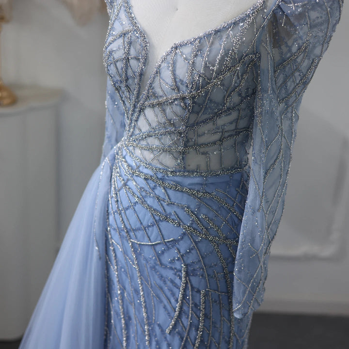 Luxury Muslim Gold Mermaid Beaded Dubai Evening Dresses with Overskirt SS048