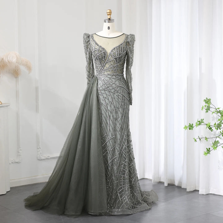 Luxury Muslim Gold Mermaid Beaded Dubai Evening Dresses with Overskirt SS048