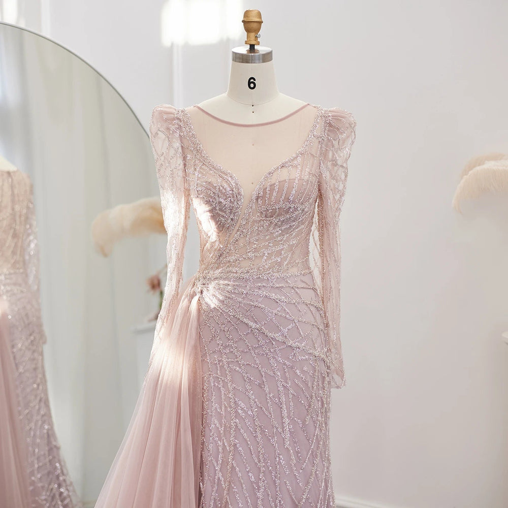 Luxury Muslim Gold Mermaid Beaded Dubai Evening Dresses with Overskirt SS048