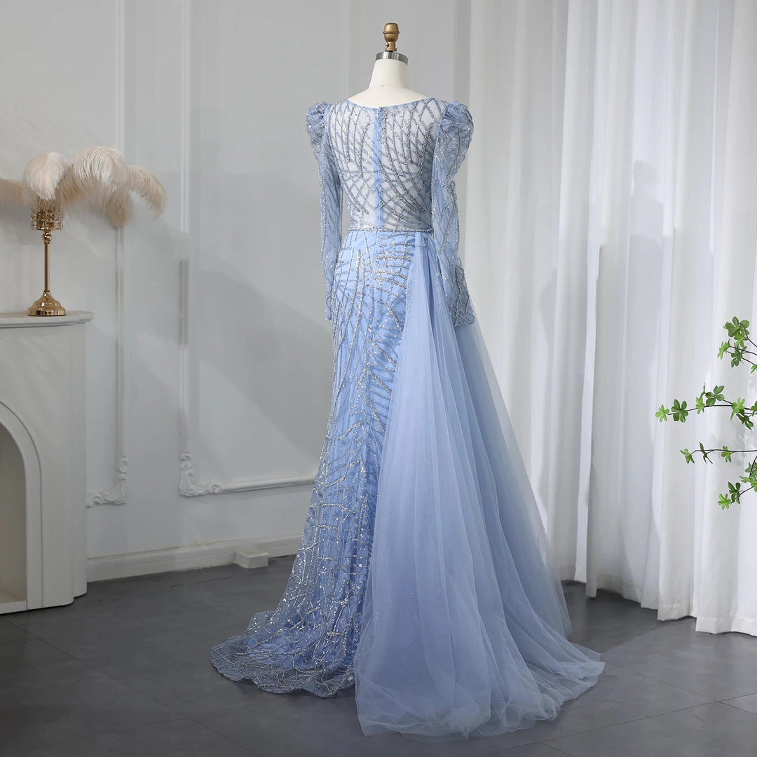 Luxury Muslim Gold Mermaid Beaded Dubai Evening Dresses with Overskirt SS048