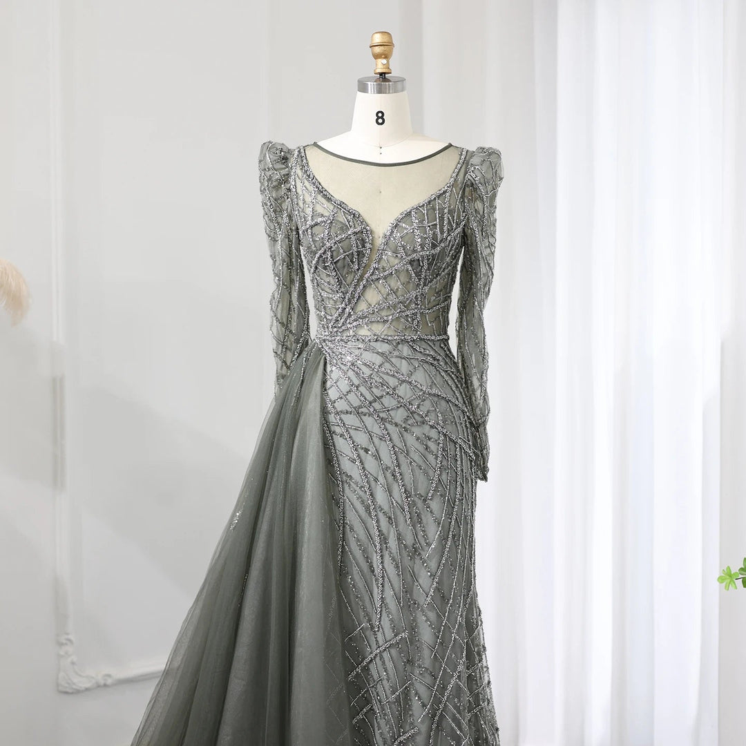 Luxury Muslim Gold Mermaid Beaded Dubai Evening Dresses with Overskirt SS048