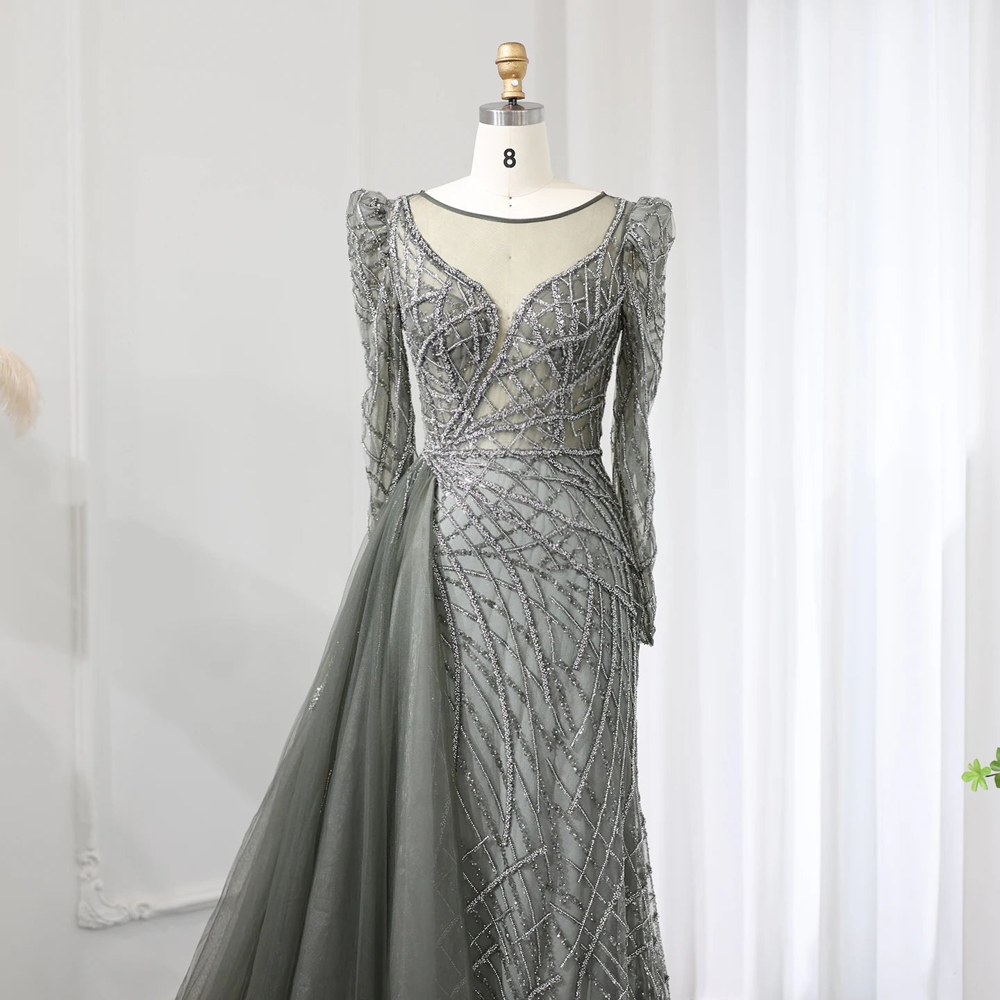 Luxury Muslim Gold Mermaid Beaded Dubai Evening Dresses with Overskirt SS048