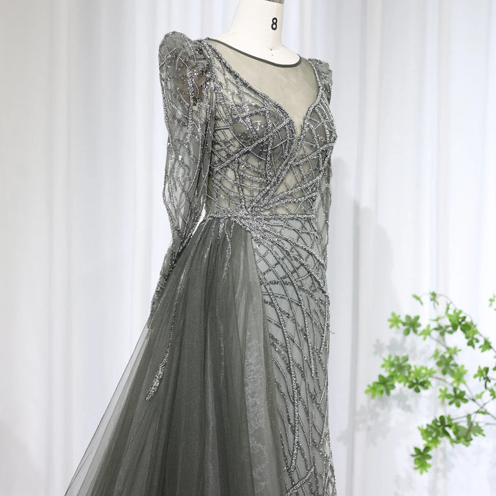 Luxury Muslim Gold Mermaid Beaded Dubai Evening Dresses with Overskirt SS048