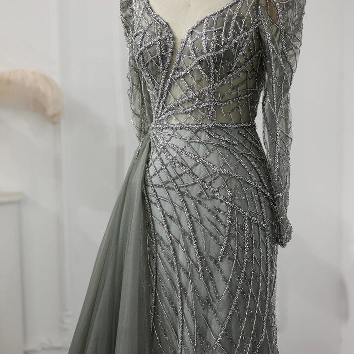 Luxury Muslim Gold Mermaid Beaded Dubai Evening Dresses with Overskirt SS048
