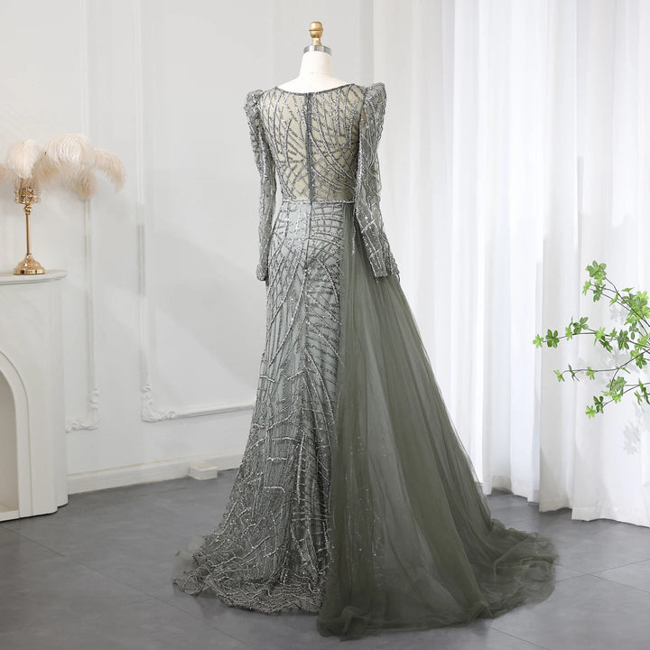 Luxury Muslim Gold Mermaid Beaded Dubai Evening Dresses with Overskirt SS048
