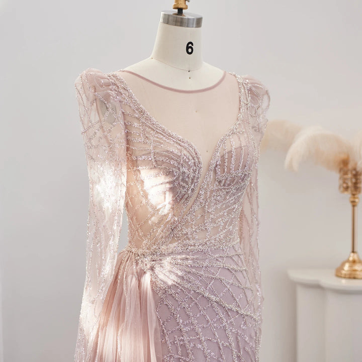 Luxury Muslim Gold Mermaid Beaded Dubai Evening Dresses with Overskirt SS048
