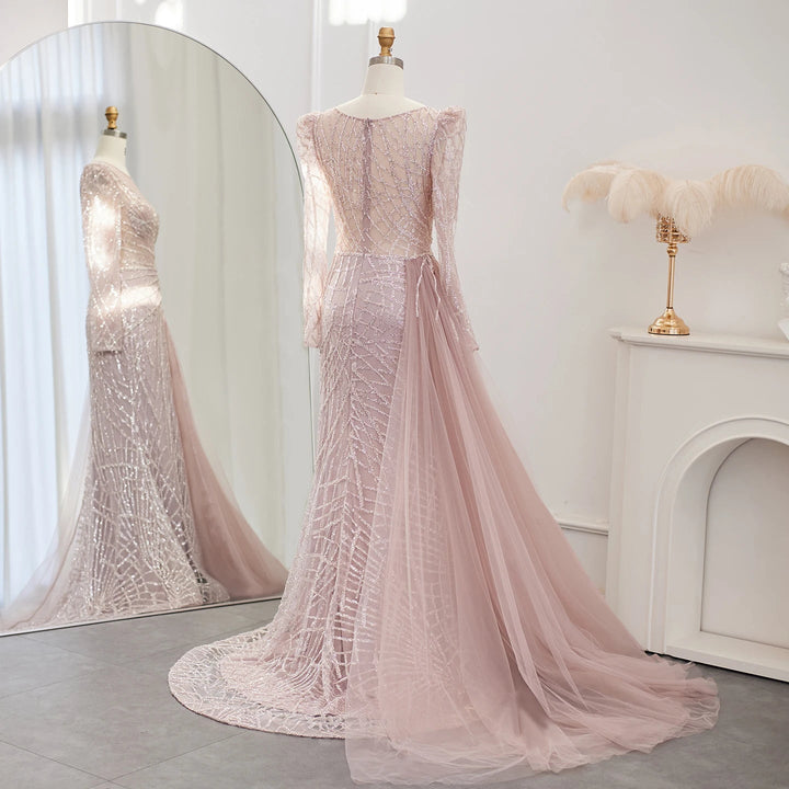 Luxury Muslim Gold Mermaid Beaded Dubai Evening Dresses with Overskirt SS048