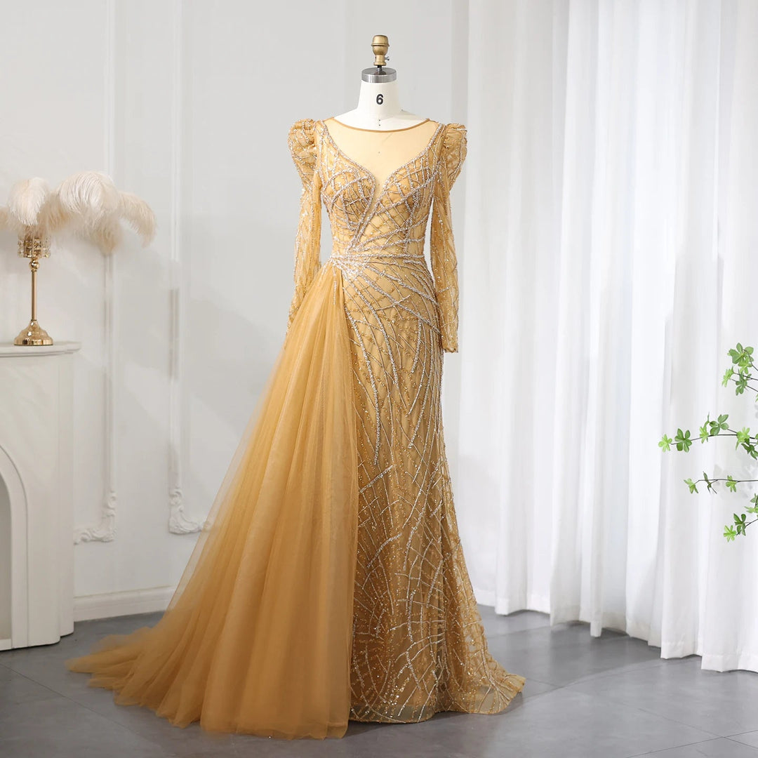 Luxury Muslim Gold Mermaid Beaded Dubai Evening Dresses with Overskirt SS048