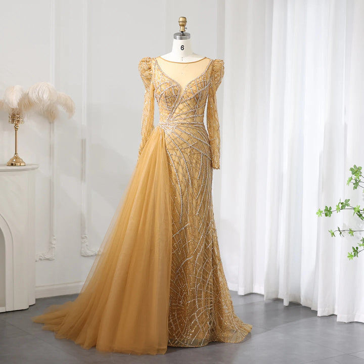 Luxury Muslim Gold Mermaid Beaded Dubai Evening Dresses with Overskirt SS048