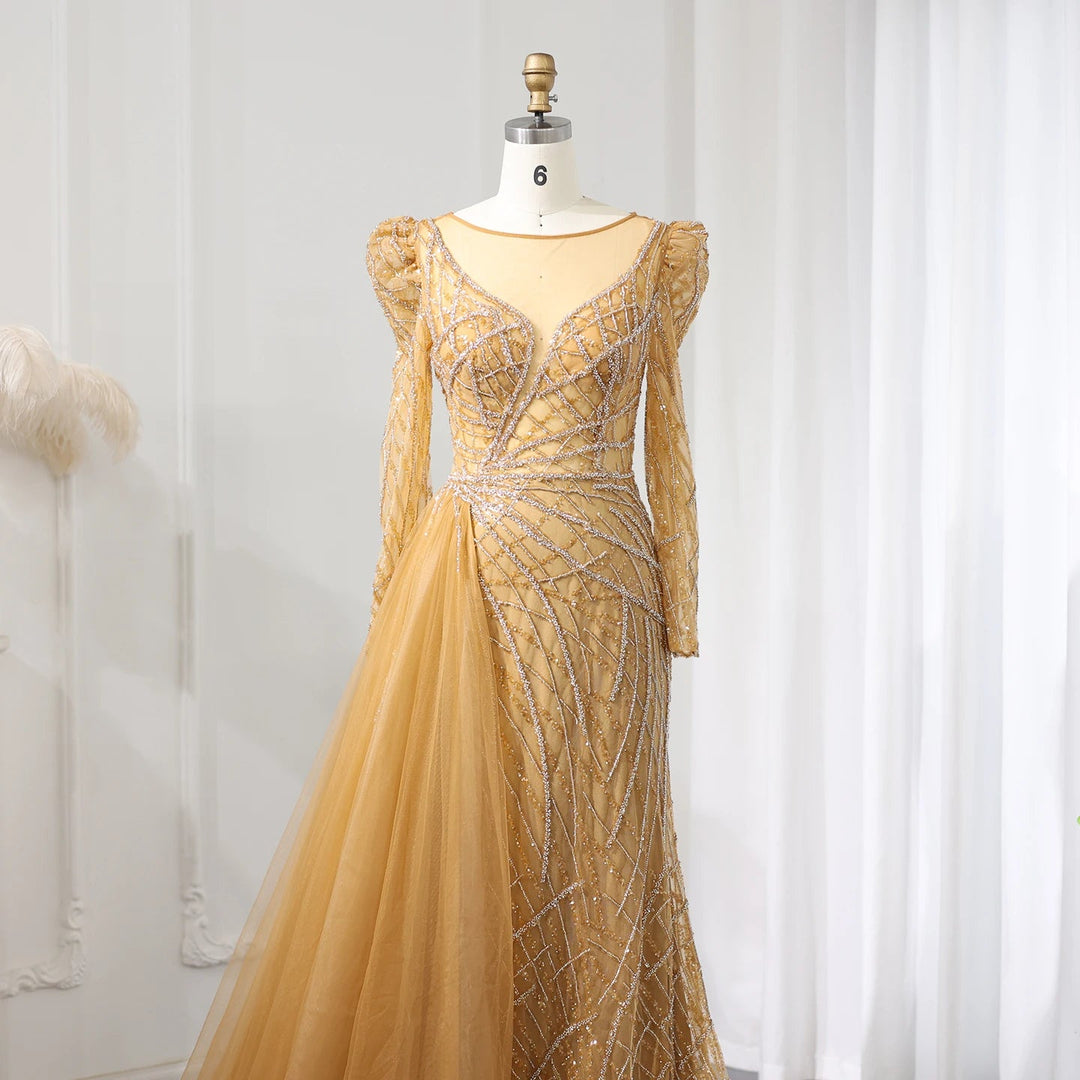 Luxury Muslim Gold Mermaid Beaded Dubai Evening Dresses with Overskirt SS048