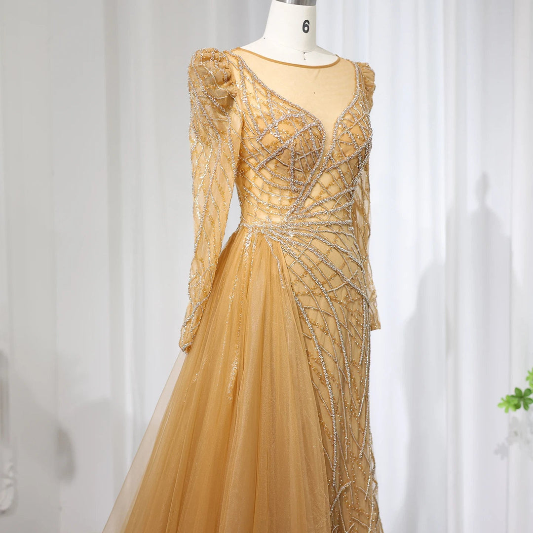 Luxury Muslim Gold Mermaid Beaded Dubai Evening Dresses with Overskirt SS048