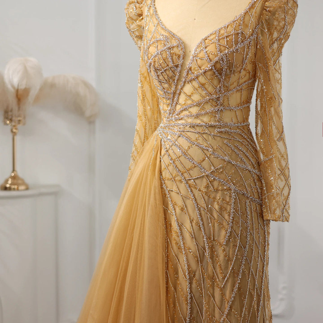 Luxury Muslim Gold Mermaid Beaded Dubai Evening Dresses with Overskirt SS048