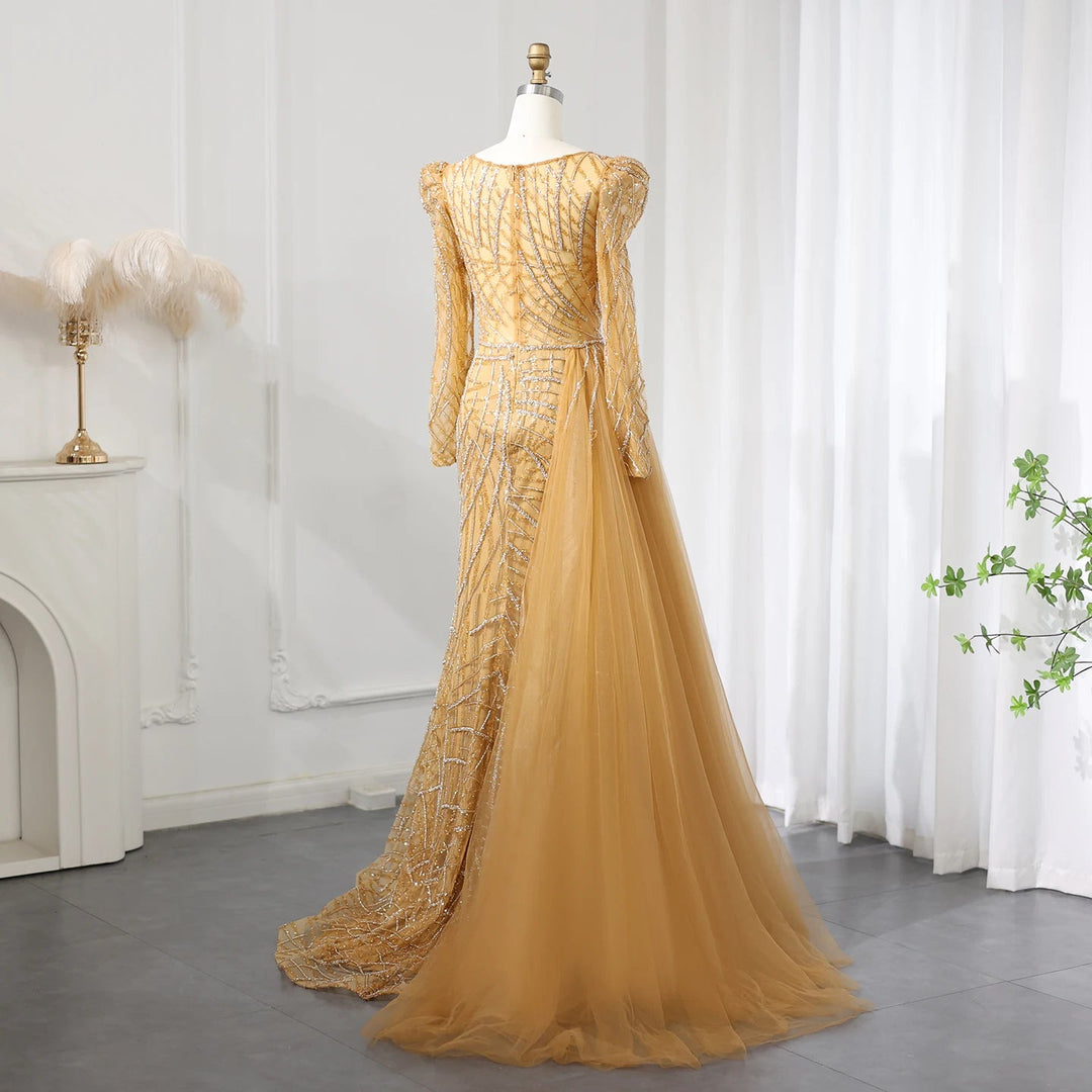 Luxury Muslim Gold Mermaid Beaded Dubai Evening Dresses with Overskirt SS048