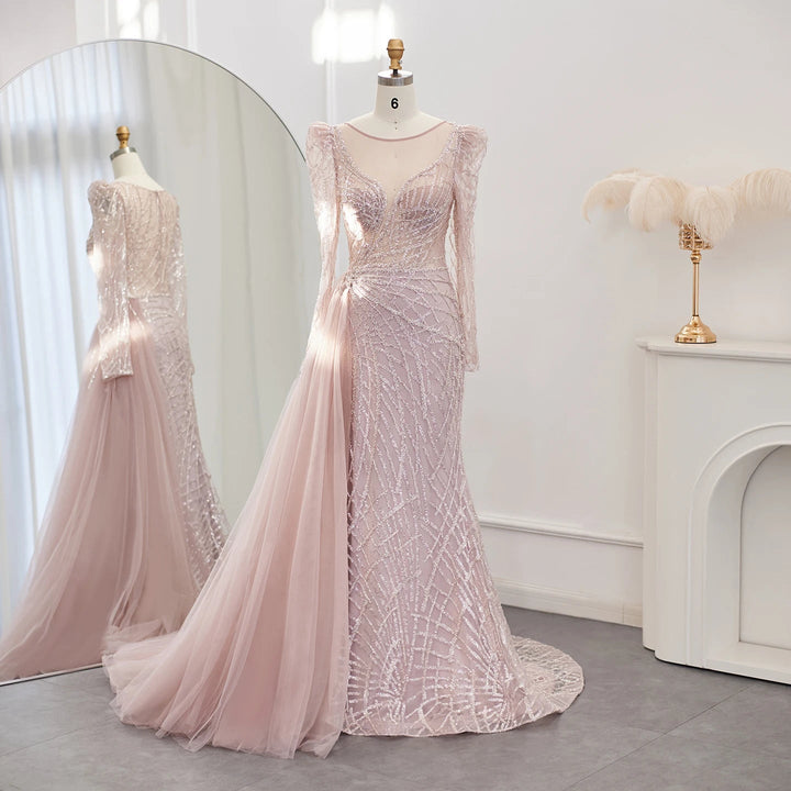 Luxury Muslim Gold Mermaid Beaded Dubai Evening Dresses with Overskirt SS048
