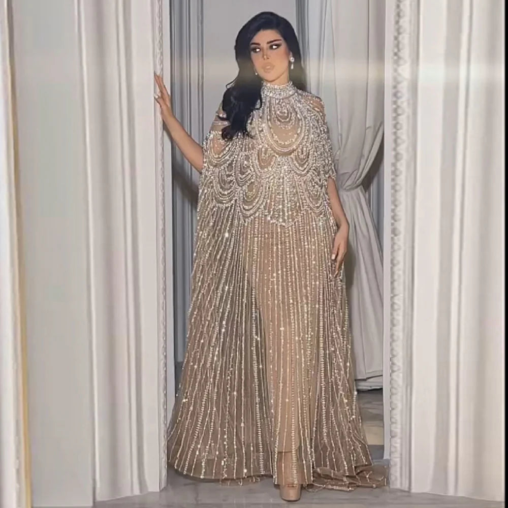Luxury Nude Beaded High Neck 2 pieces Evening Dress SS780