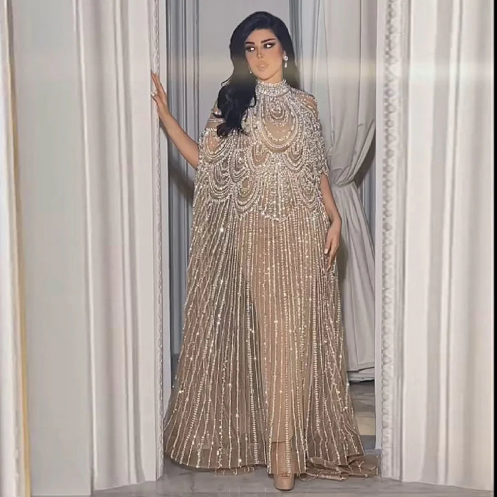 Luxury Nude Beaded High Neck 2 pieces Evening Dress SS780