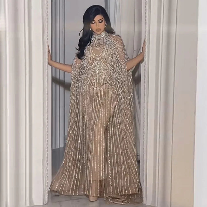 Luxury Nude Beaded High Neck 2 pieces Evening Dress SS780