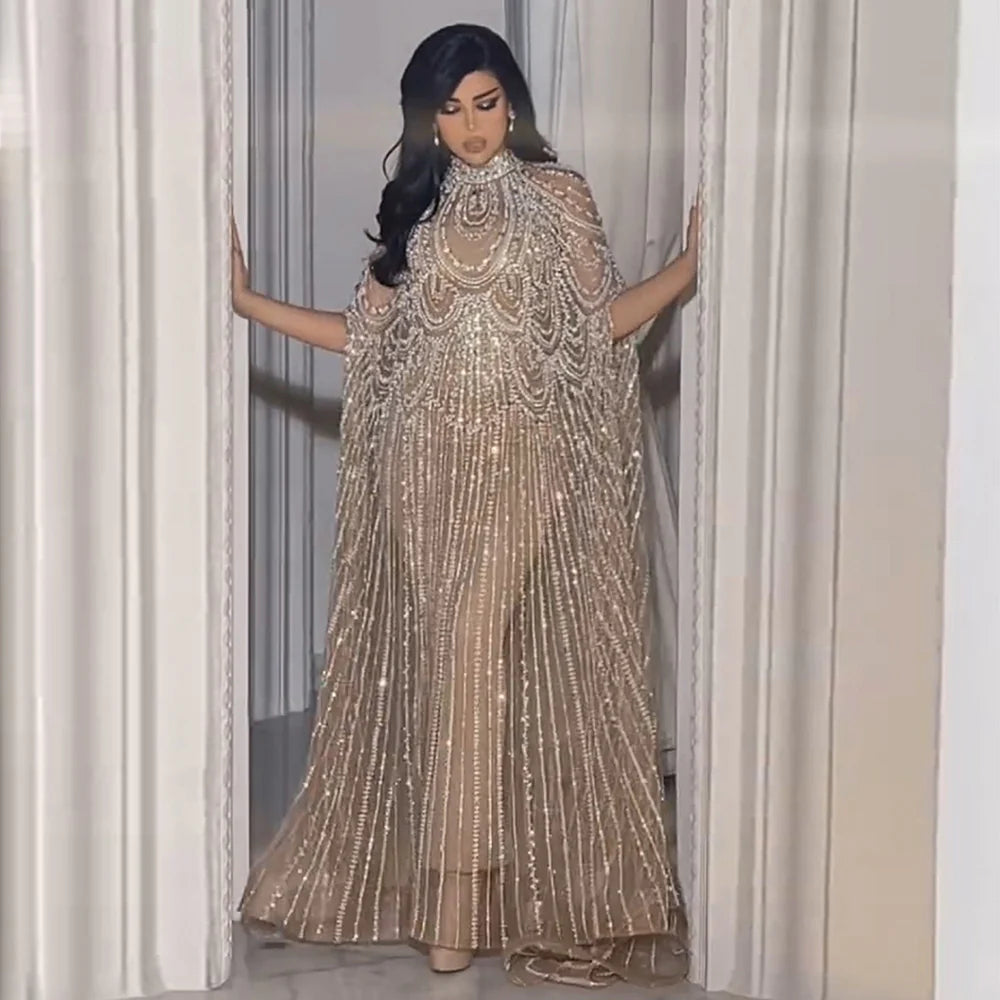 Luxury Nude Beaded High Neck 2 pieces Evening Dress SS780