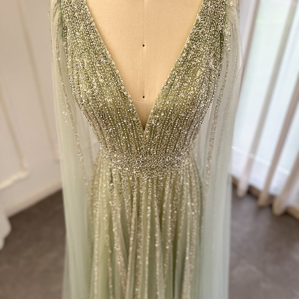 Luxury Nude Dubai Evening Dress with Cape Sleeves SS322