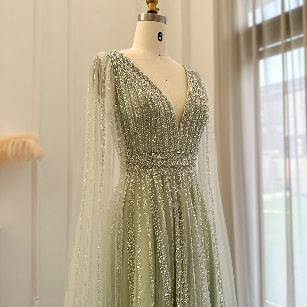 Luxury Nude Dubai Evening Dress with Cape Sleeves SS322
