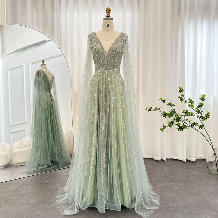 Luxury Nude Dubai Evening Dress with Cape Sleeves SS322