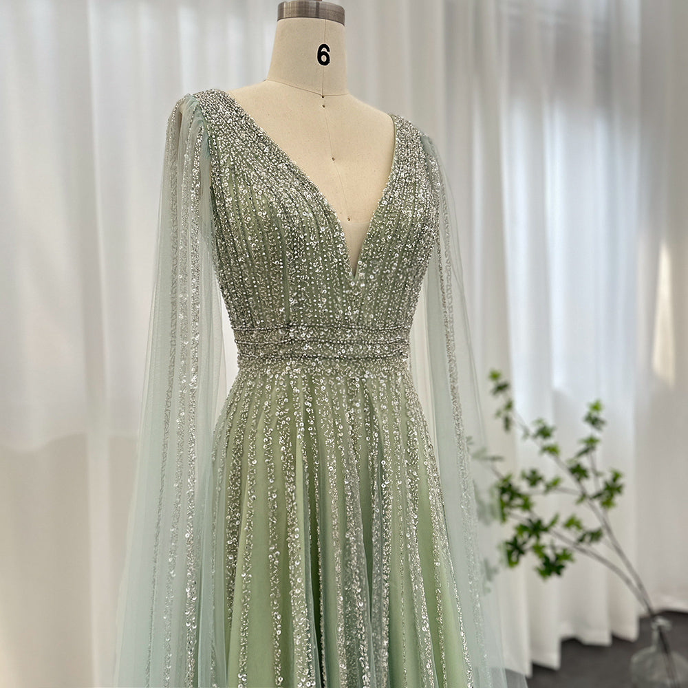 Luxury Nude Dubai Evening Dress with Cape Sleeves SS322