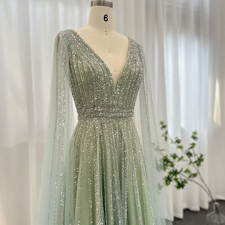Luxury Nude Dubai Evening Dress with Cape Sleeves SS322