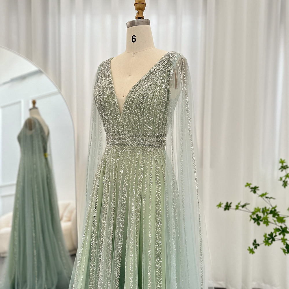 Luxury Nude Dubai Evening Dress with Cape Sleeves SS322