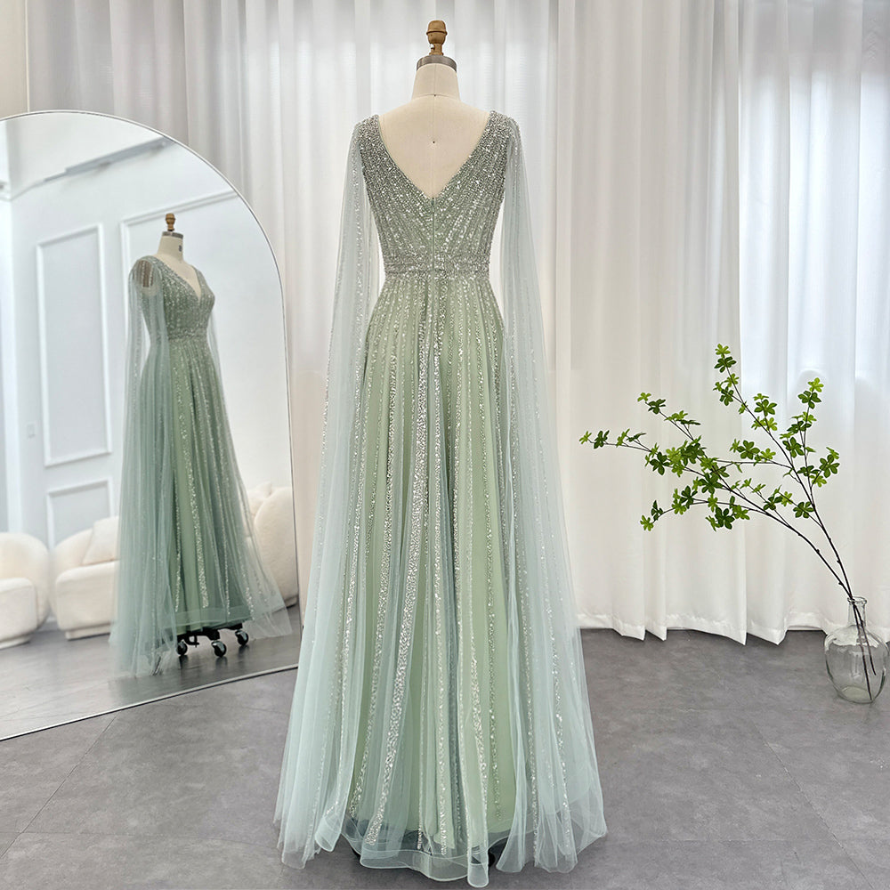 Luxury Nude Dubai Evening Dress with Cape Sleeves SS322