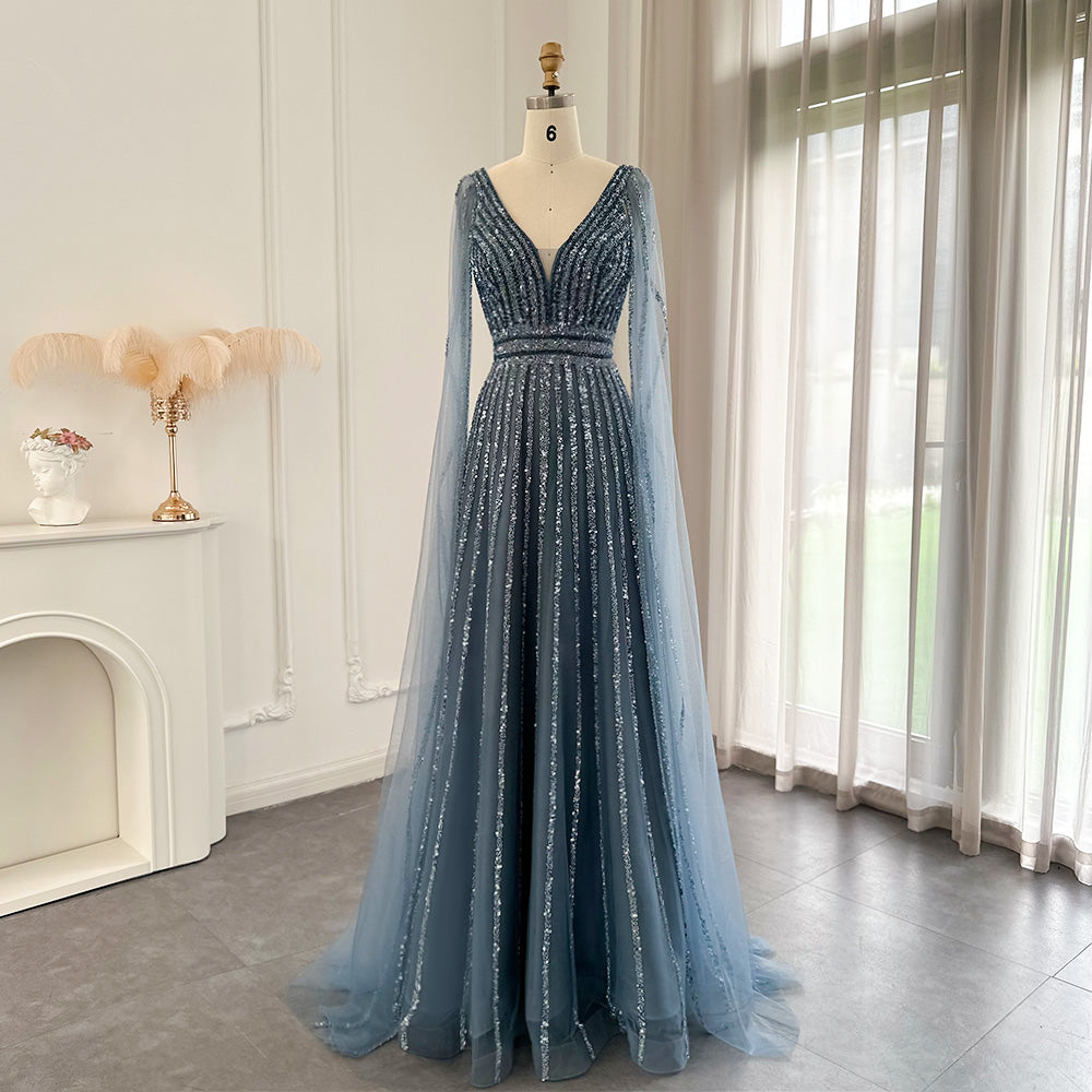 Luxury Nude Dubai Evening Dress with Cape Sleeves SS322