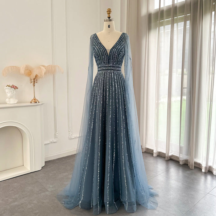 Luxury Nude Dubai Evening Dress with Cape Sleeves SS322