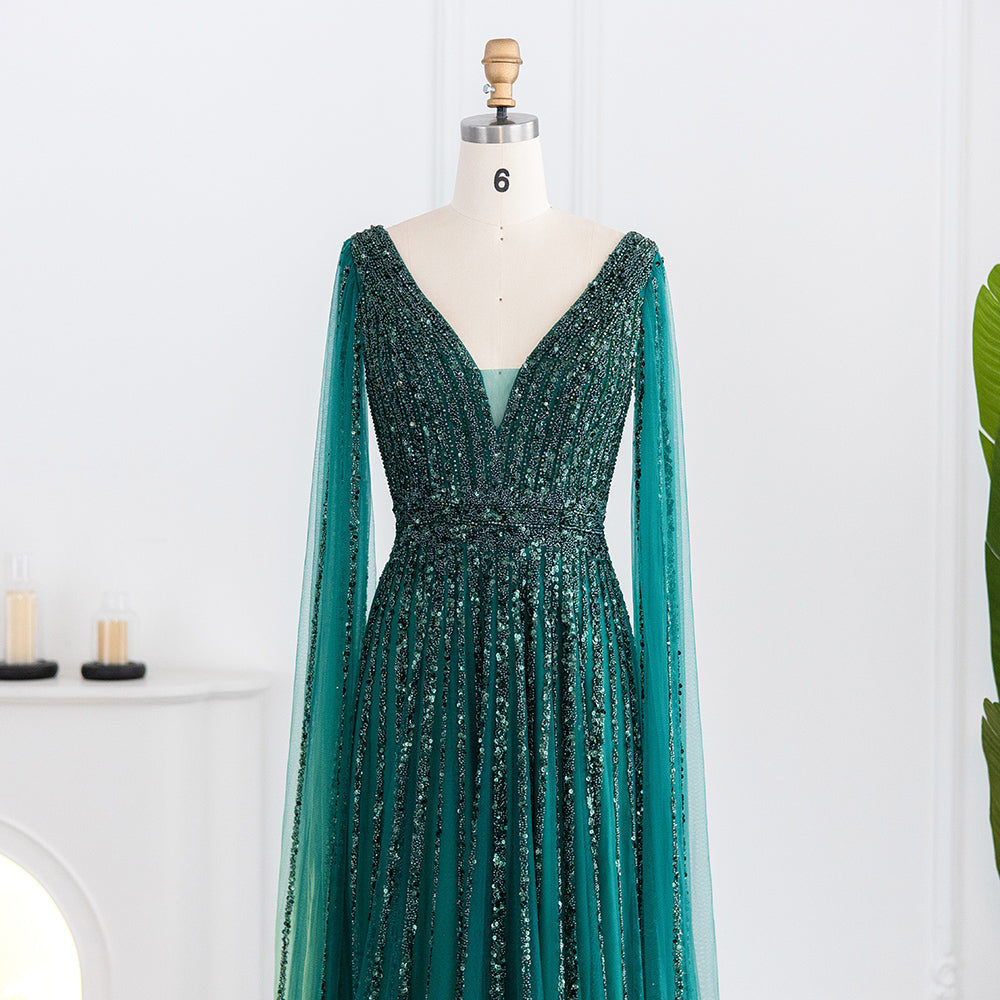 Luxury Nude Dubai Evening Dress with Cape Sleeves SS322