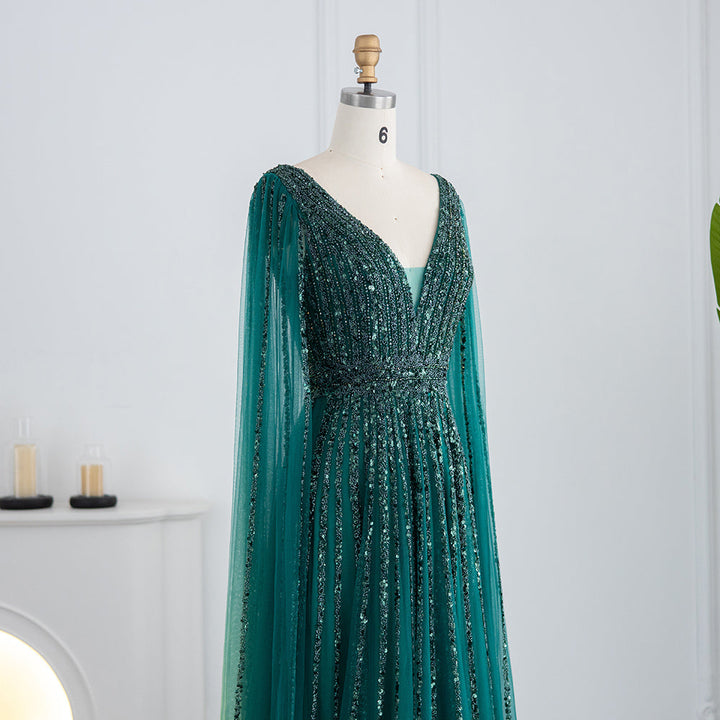 Luxury Nude Dubai Evening Dress with Cape Sleeves SS322
