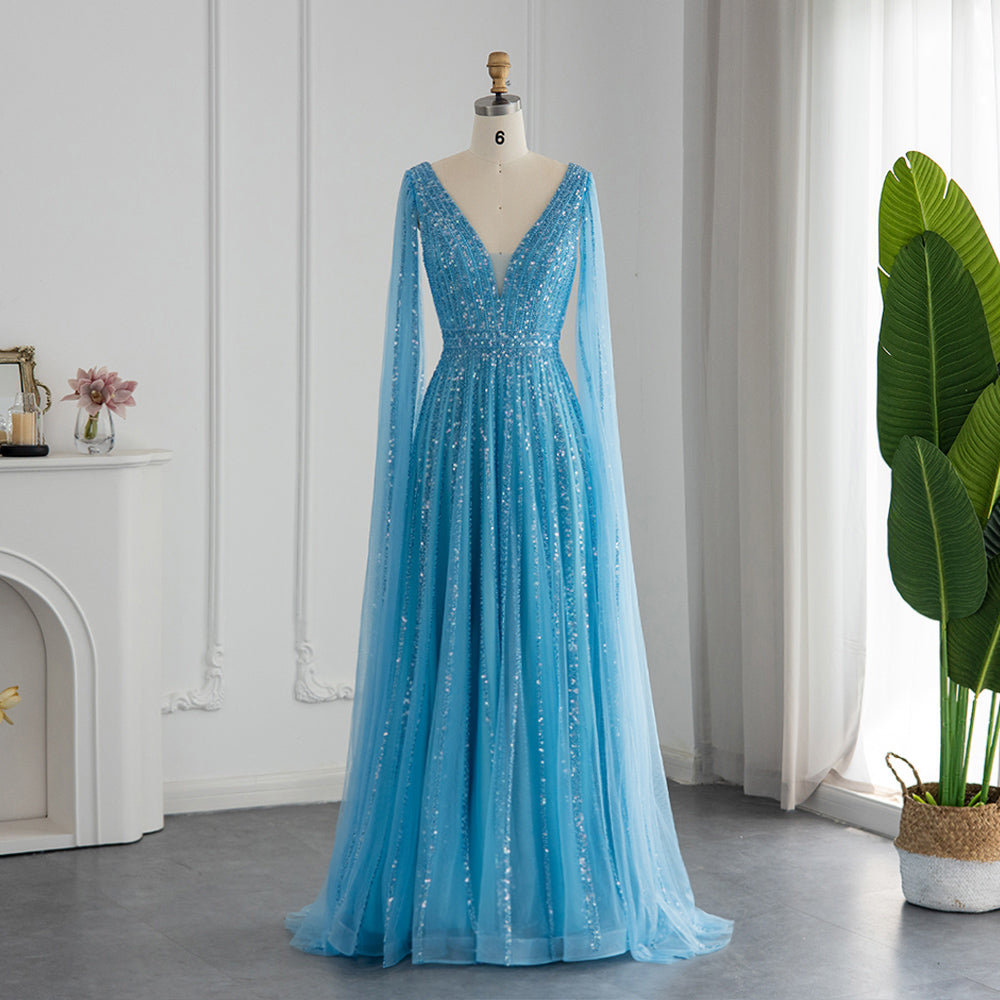 Luxury Nude Dubai Evening Dress with Cape Sleeves SS322