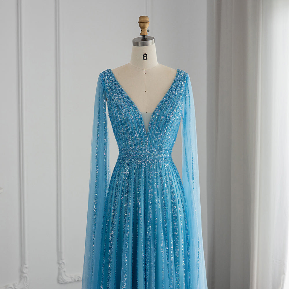 Luxury Nude Dubai Evening Dress with Cape Sleeves SS322
