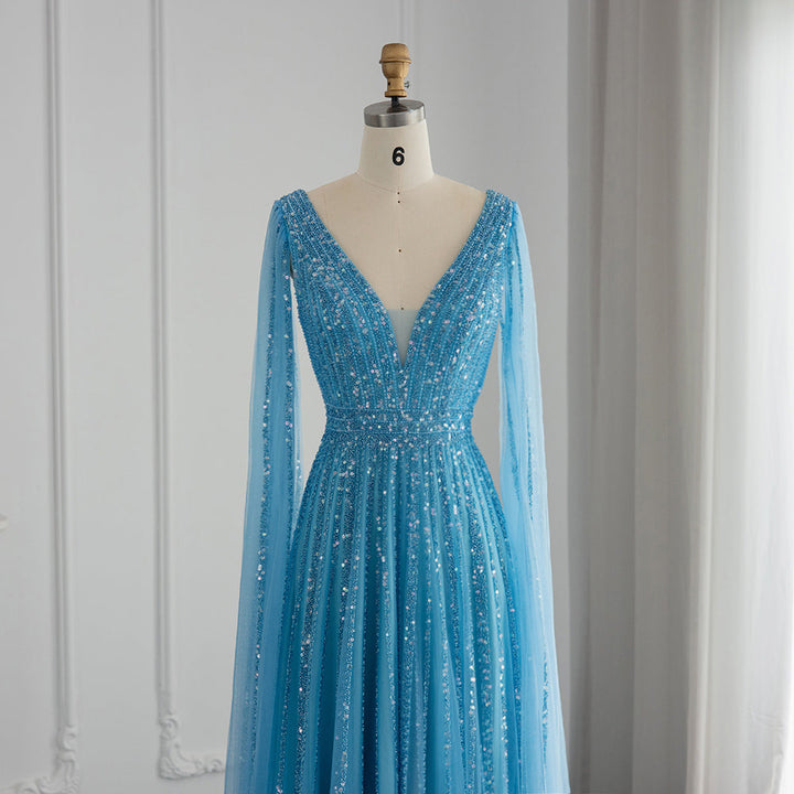 Luxury Nude Dubai Evening Dress with Cape Sleeves SS322