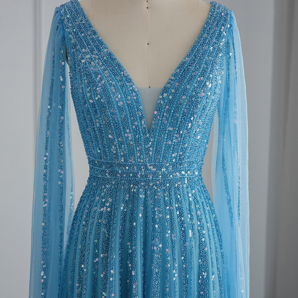Luxury Nude Dubai Evening Dress with Cape Sleeves SS322