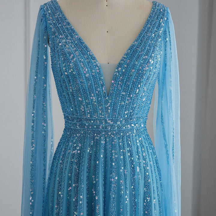 Luxury Nude Dubai Evening Dress with Cape Sleeves SS322