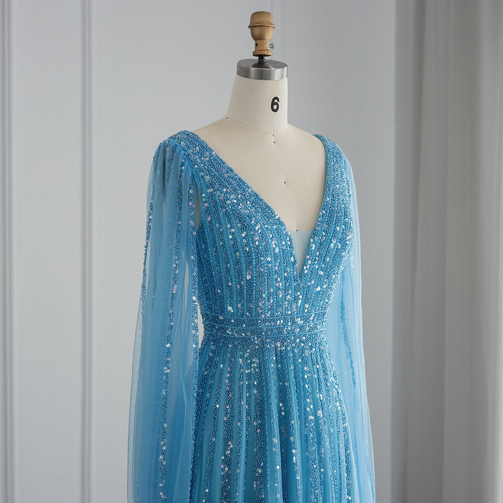 Luxury Nude Dubai Evening Dress with Cape Sleeves SS322
