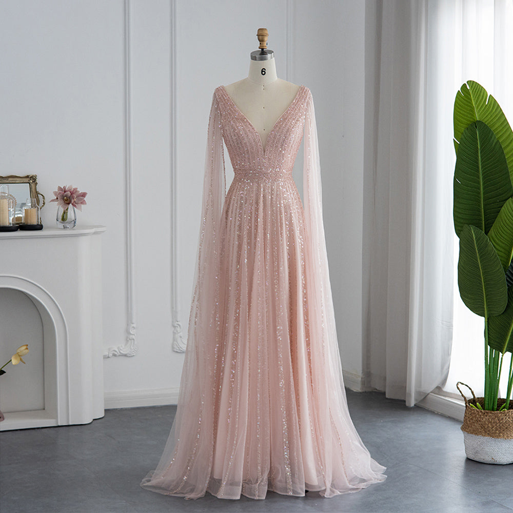Luxury Nude Dubai Evening Dress with Cape Sleeves SS322