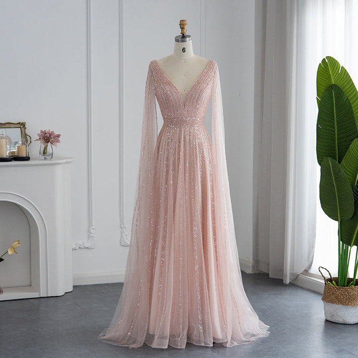 Luxury Nude Dubai Evening Dress with Cape Sleeves SS322