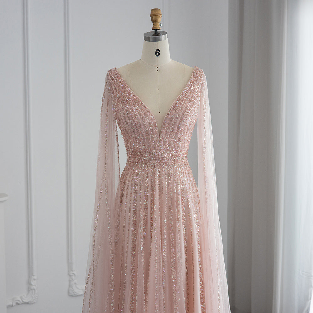 Luxury Nude Dubai Evening Dress with Cape Sleeves SS322
