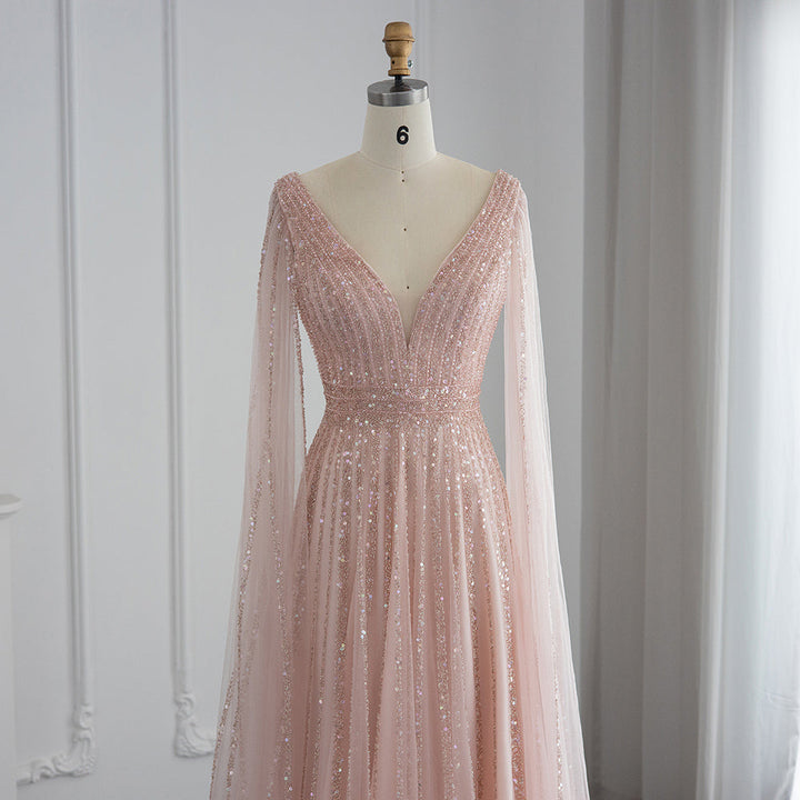 Luxury Nude Dubai Evening Dress with Cape Sleeves SS322